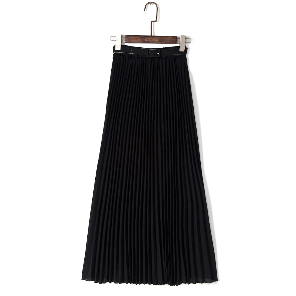 Spring Bohemian Pleated Maxi Skirts Womens Summer Solid Color High Waist Chiffon Long Skirt Tutu Elegant Ladies Black