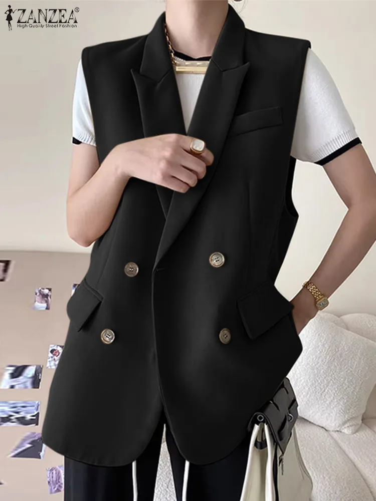 

ZANZEA Women Sleeveless Casual Blazer Fashion Vests Korean Style 2023 Elegant Peak Lapel Suit Coats Oversize OL Black Vests