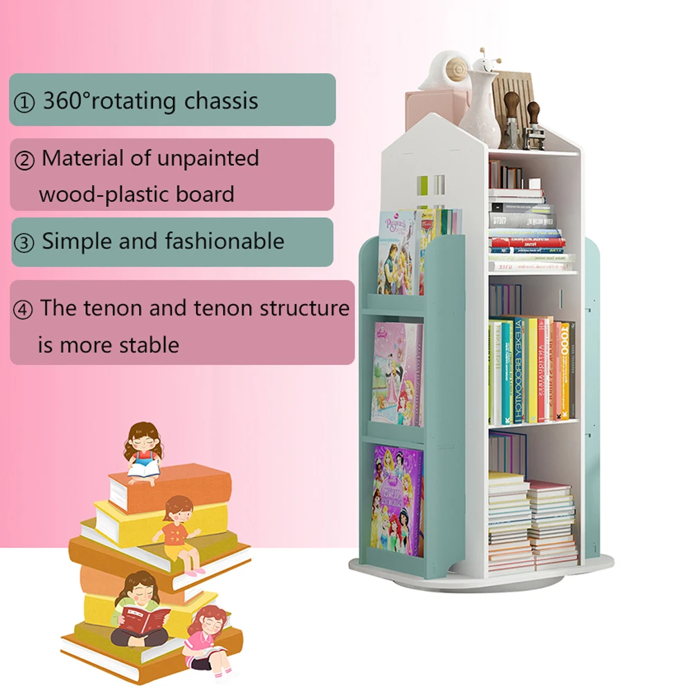 Children\'s Bookshelf 360° Rotating Cartoon Book Shelf Magazine Storage Rack Sundries Organizer Newspaper Bookcases Furniture