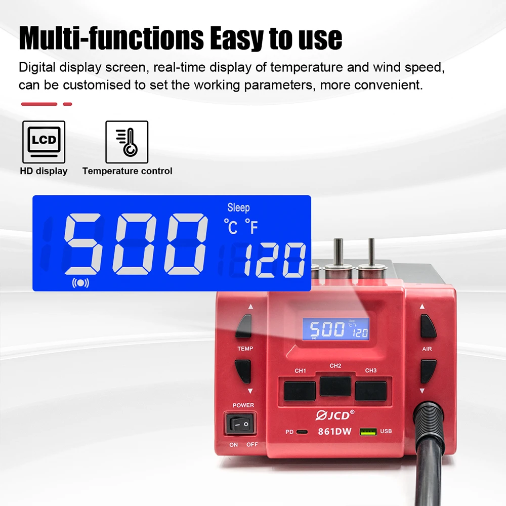 JCD 861DW Hot Air Gun 1000W High Power Soldering Rework Station with 3 Nozzles for Mobile Phone Motherboard PCB BGA Repair Tools