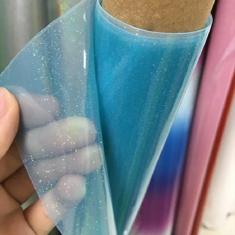 Transparent PVC Roll Eco Glitter Powder Leather Colorful Jelly Vinyl Fabric With for Earrings Bows Bookcover DIY Crafts Material