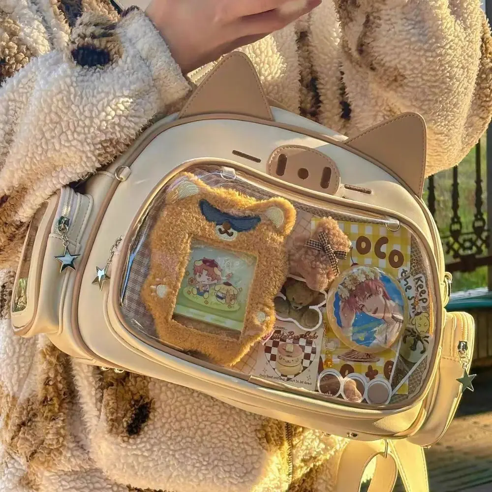 Saco de zíper kawaii gato itabag pu ídolo mercadorias armazenamento bolso transparente saco de armazenamento de algodão boneca moda mochilas menina