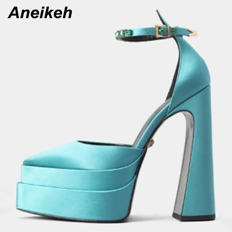 Aneikeh 2024 Fashion Spring Autumn New High Heel Women Shoes Pointed Toe Platform Ankle Buckle Strap Party Wedding Pumps 35-41