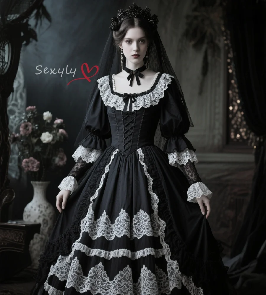 

Colonial Georgian Black And White Gothic Wedding Dress 2025 Medieval Victorian Style Long Sleeve Bridal Dress Lace Customized