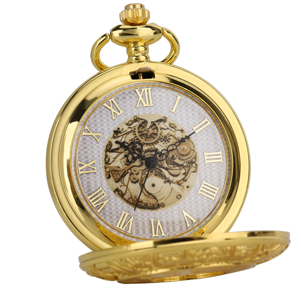 Men Luxury Gold Sculptured 12 Constellations Gear Dial Design Pocket Watches Hollow Skeleton Wheel Reel Quartz FOB Chain Clock