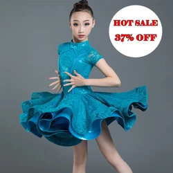 Latin Dance Dress Lace Short Sleeve Competition Performance Clothes Rumba Cha Cha Samba Dancing Dresses Girls Dancewear DN3903