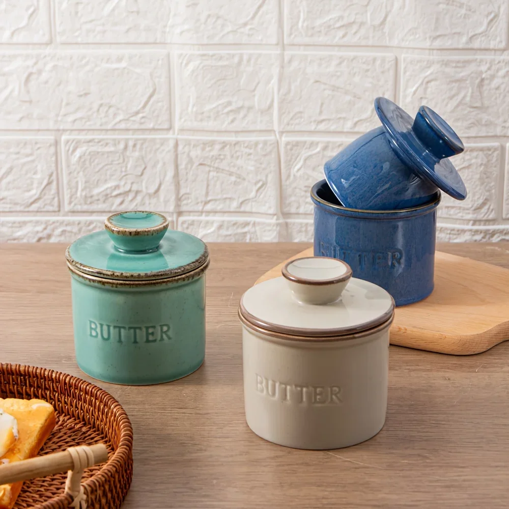 1pc ceramic yellow oil tank, unique kiln turned ceramic butter dish with lid, countertop butter storage tank