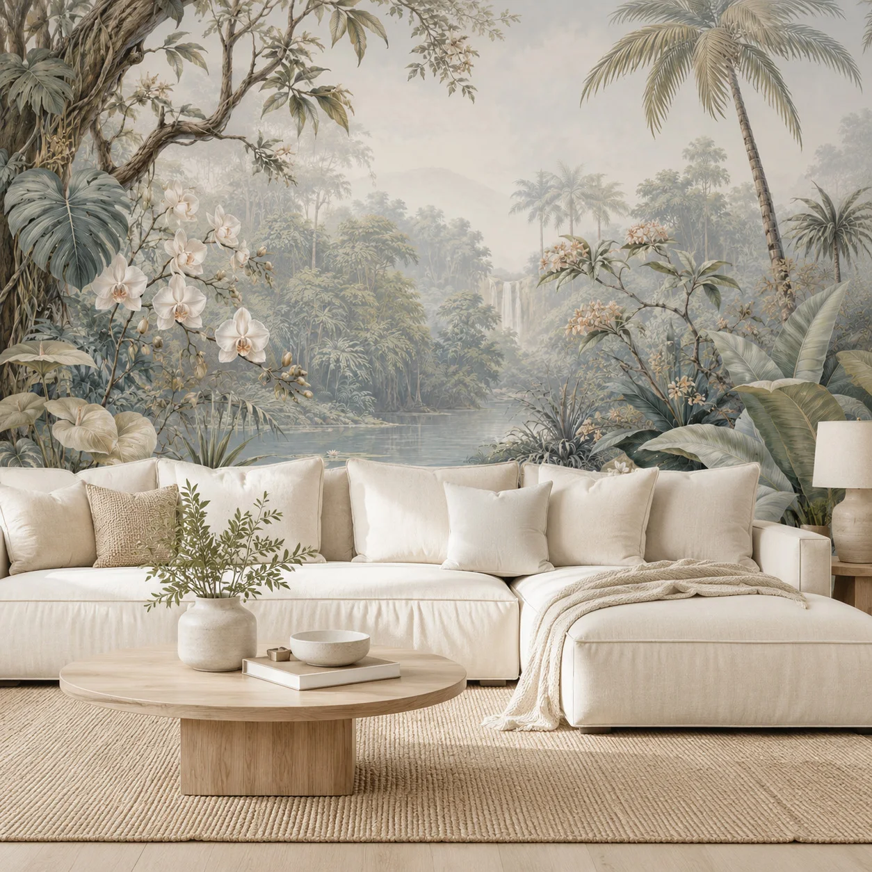 Custom Size mural Papier peint Vintage Tropical Jungle Wall Mural Rainforest Palm Tree Orchid Lake Waterfall photo Wallpaper