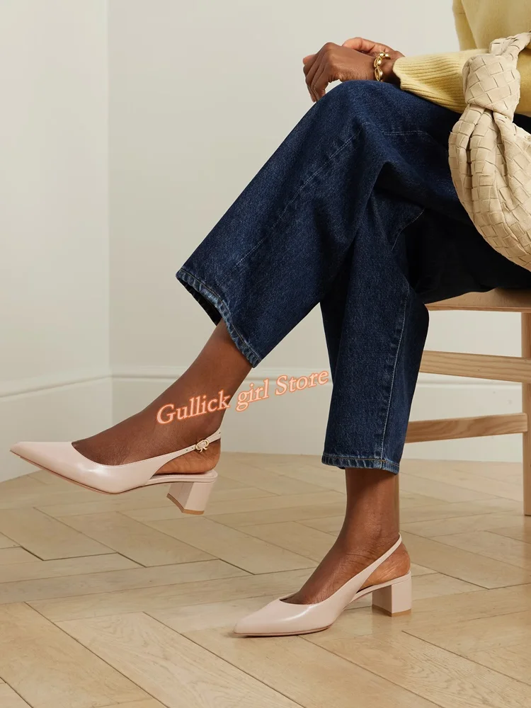 

Patent Leather Block High Heel Pumps Slingback Fashion 2025 Summer Autumn New Arrivals Back Strap Sexy Pointy Toe Slip On Shoes