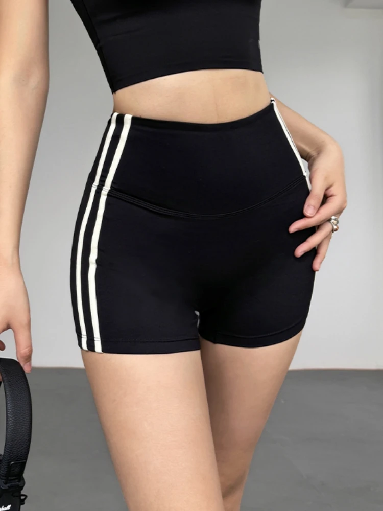 Yoga Shorts With Double Stripes On The Sides High Waist Tummy Control Gym Fitness Leggings For Women