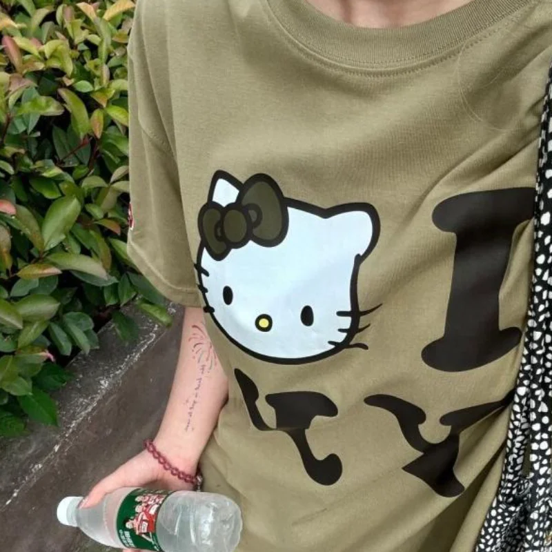 

Футболка Sanrio Hello Kitty с графическим рисунком и короткими рукавами, женская повседневная одежда с героями мультфильмов, качественная модная женская одежда, топы, футболки