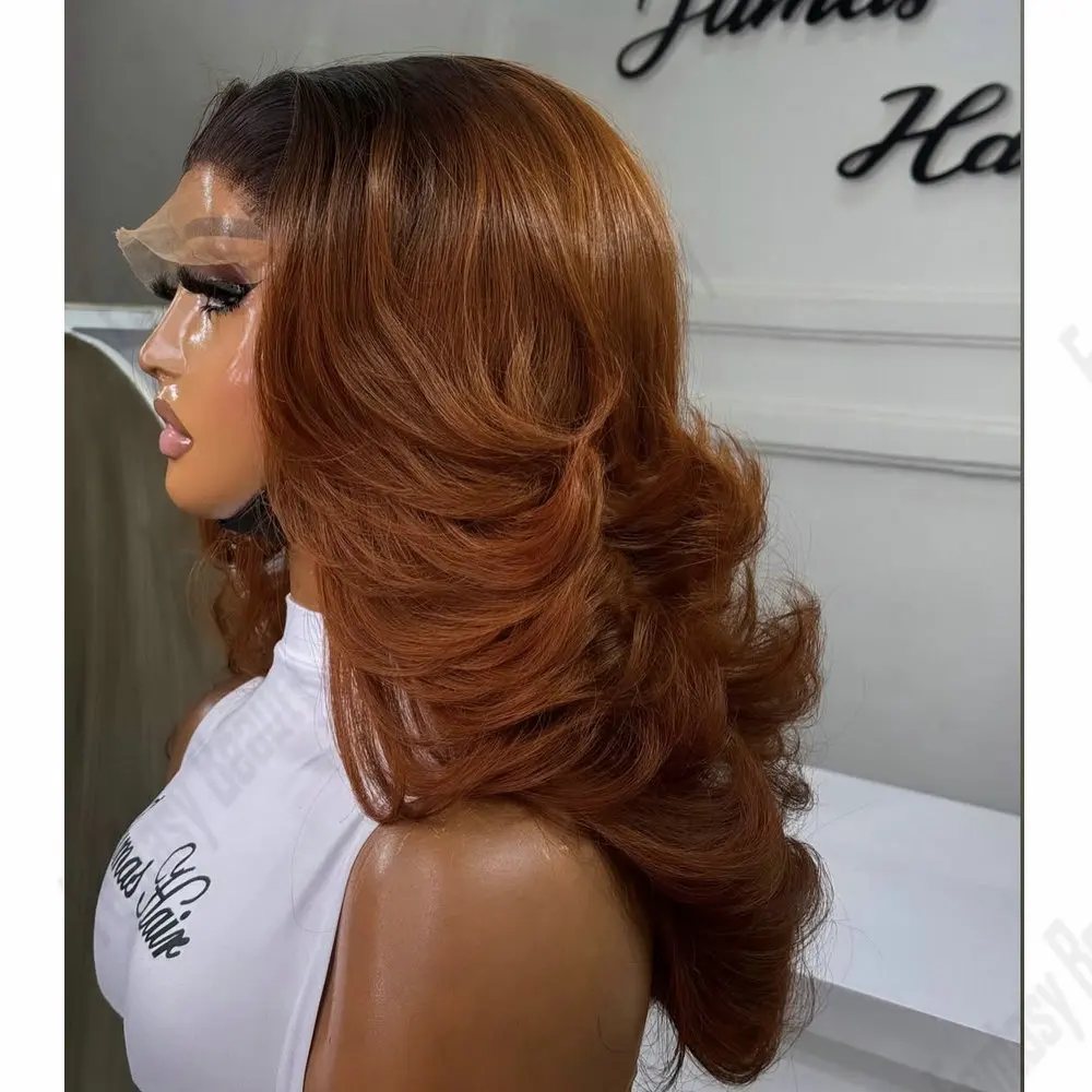 Natural Human Hair Women Full Lace Wigs Side Part 200Density Ombre Reddish Brown Wavy 5x5 HD Lace 13x6  Lace Wigs for Women