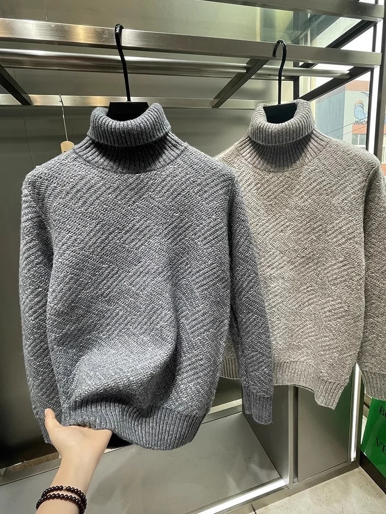 Mens Thick Warm Pullover Sweater Long Sleeve Autumn Winter Slim Fit Turtleneck Knitwear Fashion Casual Stripe Knitted Tops