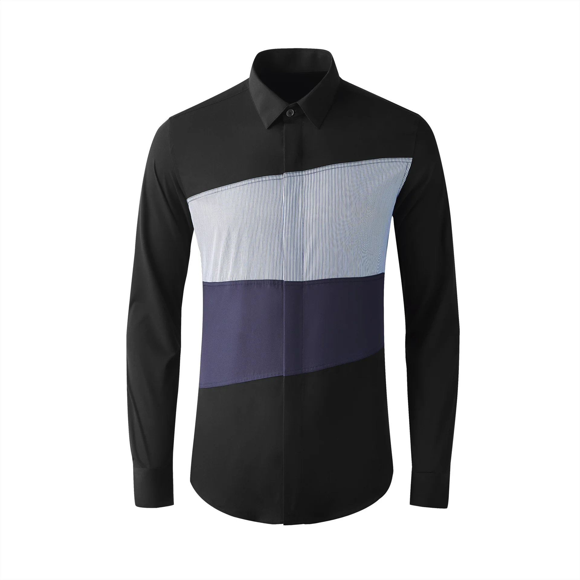 Color blocked blue striped long sleeved men's shirt slim fit personalized trendy men's factory one-piece hair replacement