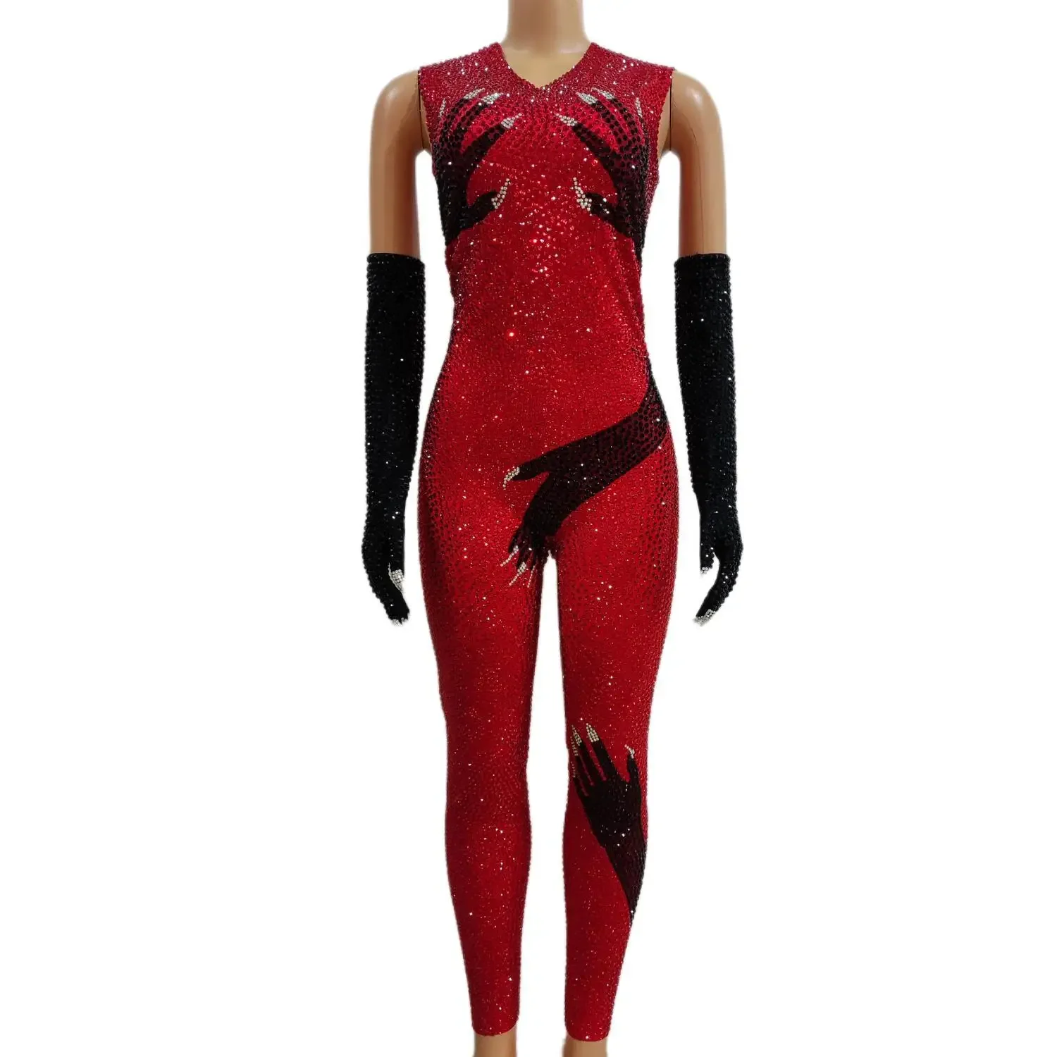 

Red Csrytal Long Golves Jumpsuit Black Hands Tights Bodysuit Black Girl Singer Nightclub Stage Wear Party Show Costume Heishou