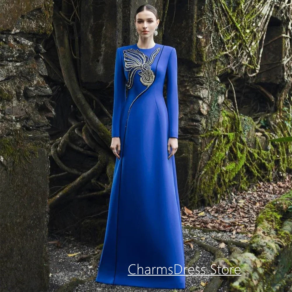 

New Arrival Royal Blue Evening Dress Customized Long Sleeves Round Neck Beadings A Line Arabian Party Gown Prom Dresses