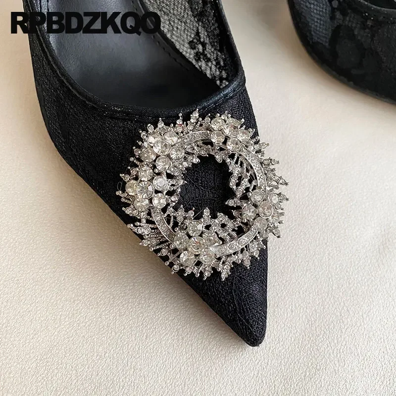 Pointed Toe Crystal Lace Mesh High Heels Plus Size 40 41 Pumps Thin Rhinestone Sexy Women Shoes Rhinestones Dress 33 34 Diamond