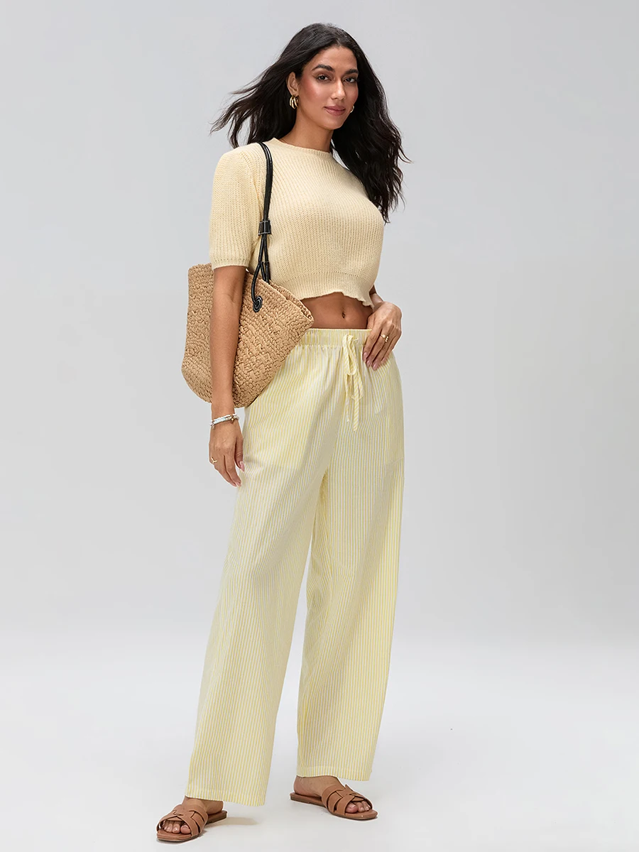 

Новые женские повседневные брюки в полоску с принтом, свободные прямые длинные брюки с эластичной резинкой на талии и карманами, уличная одежда S, M, L