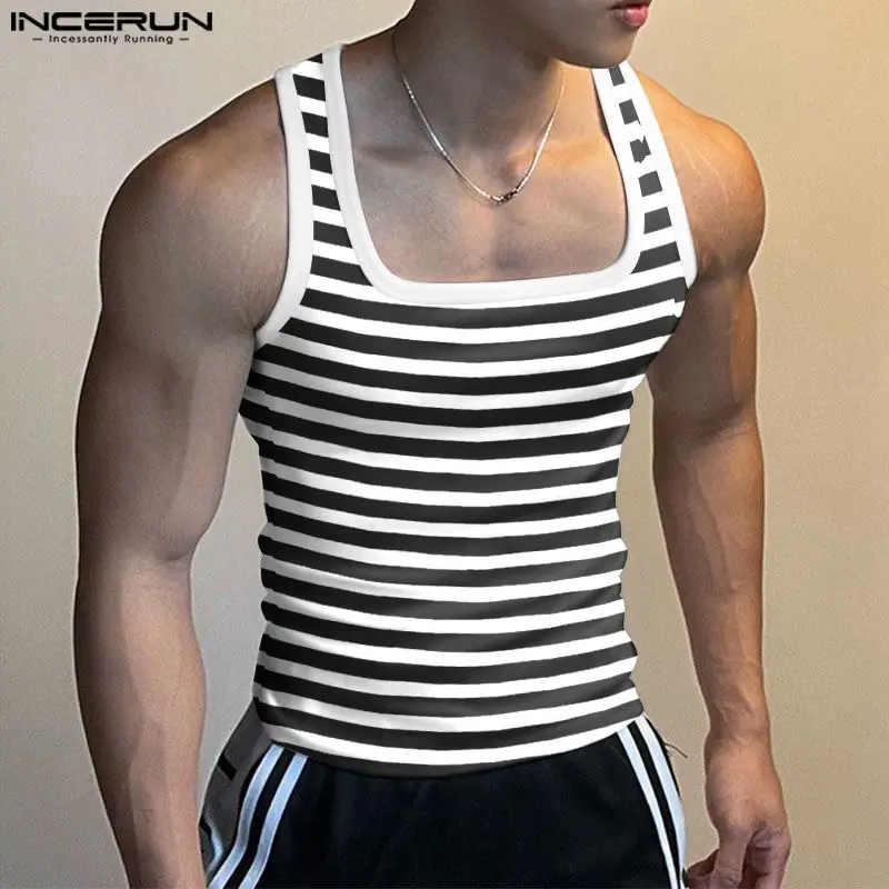 INCERUN Men\'s Striped Tank Tops Square Collar Sleeveless Fitness Summer Male Vests Streetwear 2024 Fashion Casual Men Clothing