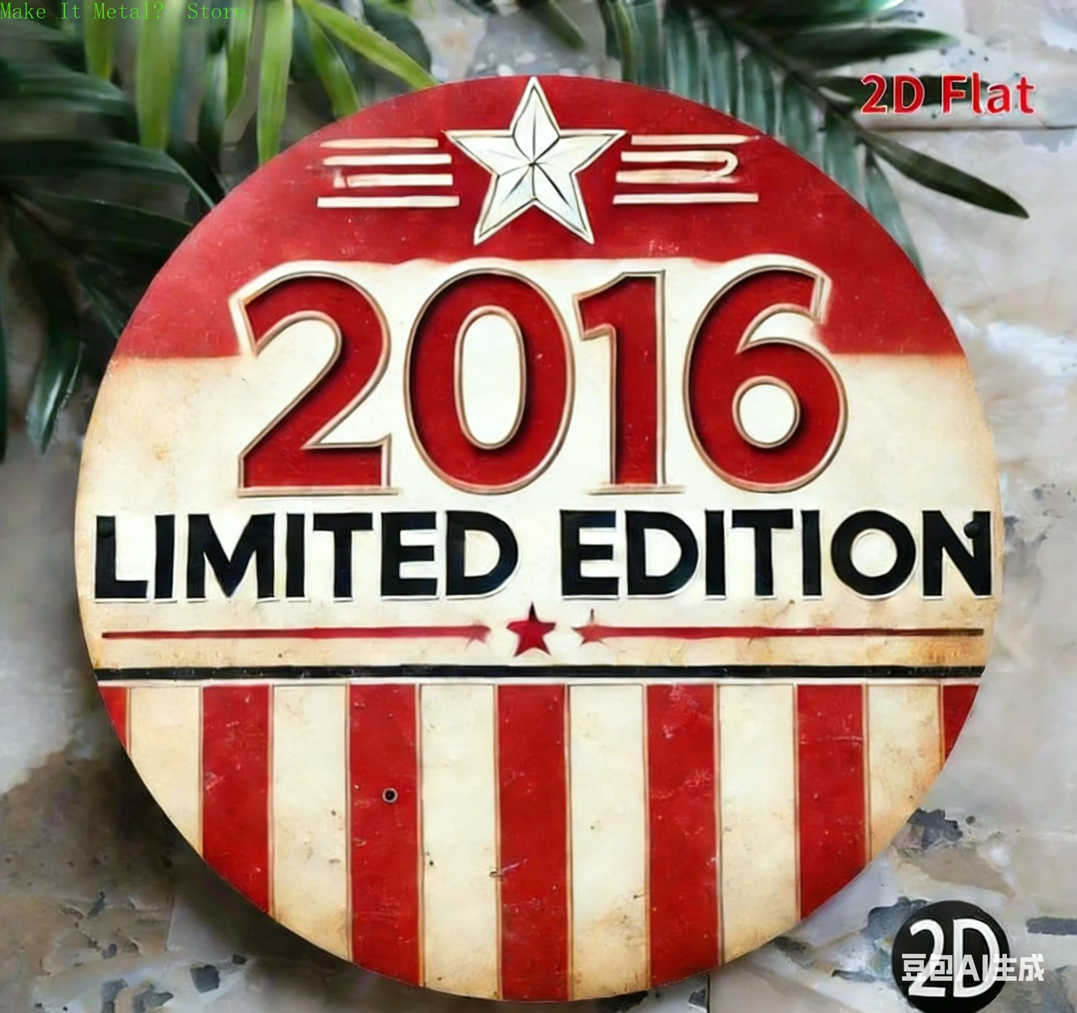 2016 Limited Edition 2D Flat Round Metal Sign, Patriotic Red & White Striped Vintage Wall Decor for Home