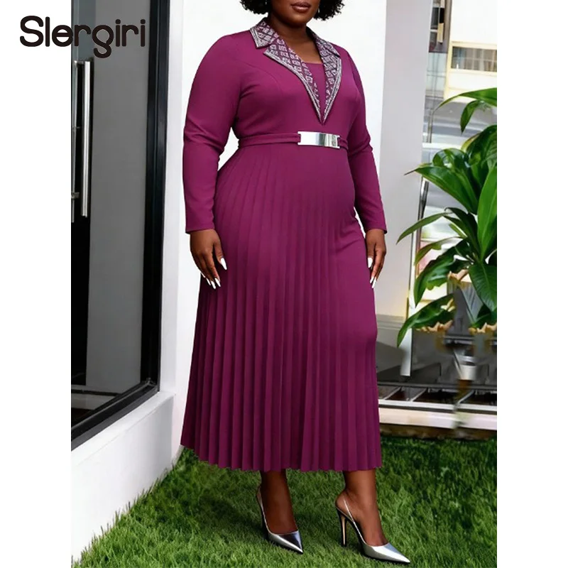 

Slergiri Plus Size Elegant Notched Neck Pleated Long Dress Women's Spring High Waist Long Sleeve Office Ladies Slim Party Dress