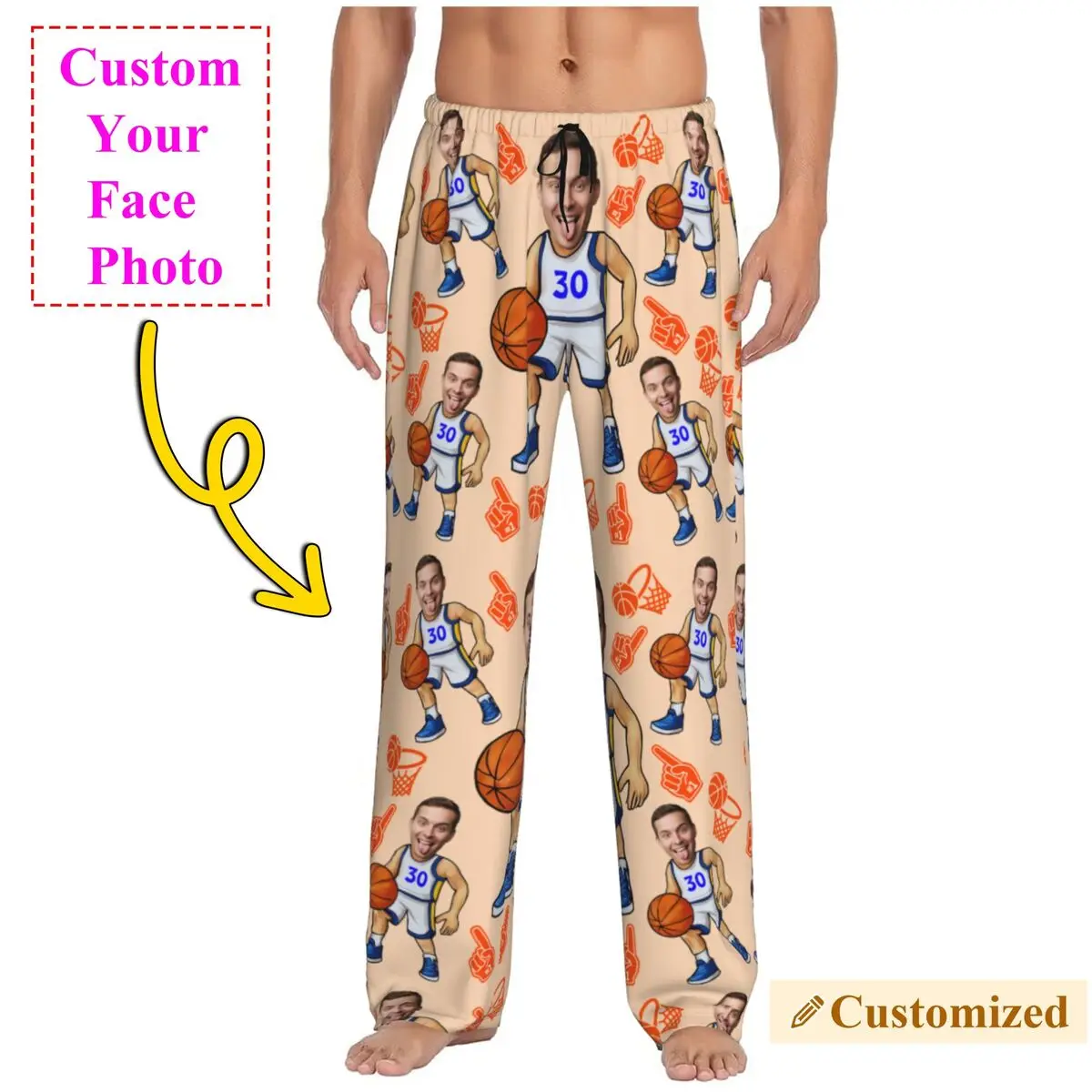 

Basketball Custom Pajama Pants Sleepwear Men Elastic Waistband Personalized Face Photo Design Sleep Lounge Bottoms with Pockets