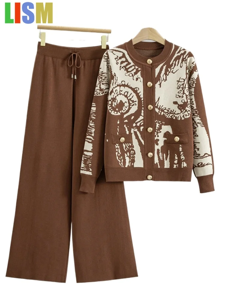 

LISM New in matching sets festivals outfit Loose Metal Buckle Contrast Jacquard Knitted Cardigan Stylish Wide Leg Pants Set
