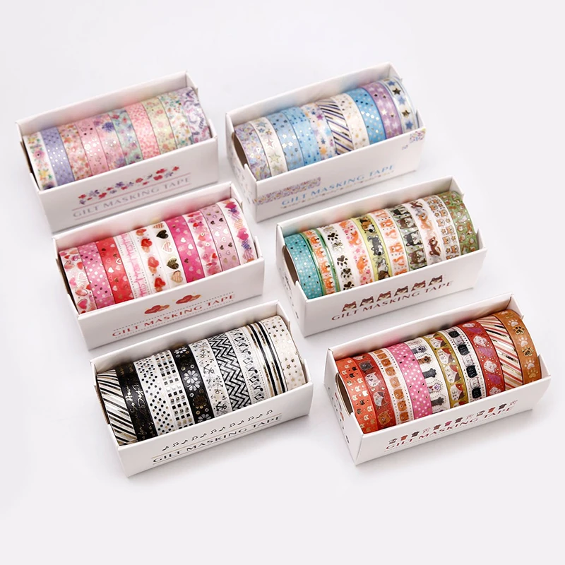 Imagem -02 - Gold Foil Washi Tapes Scrapbooking Kawaii Planejador de Diário Adesivos Fitas Mascaradoras Faça Você Mesmo Papelaria Coreana Material de Escritório 10 Pcs por Caixa