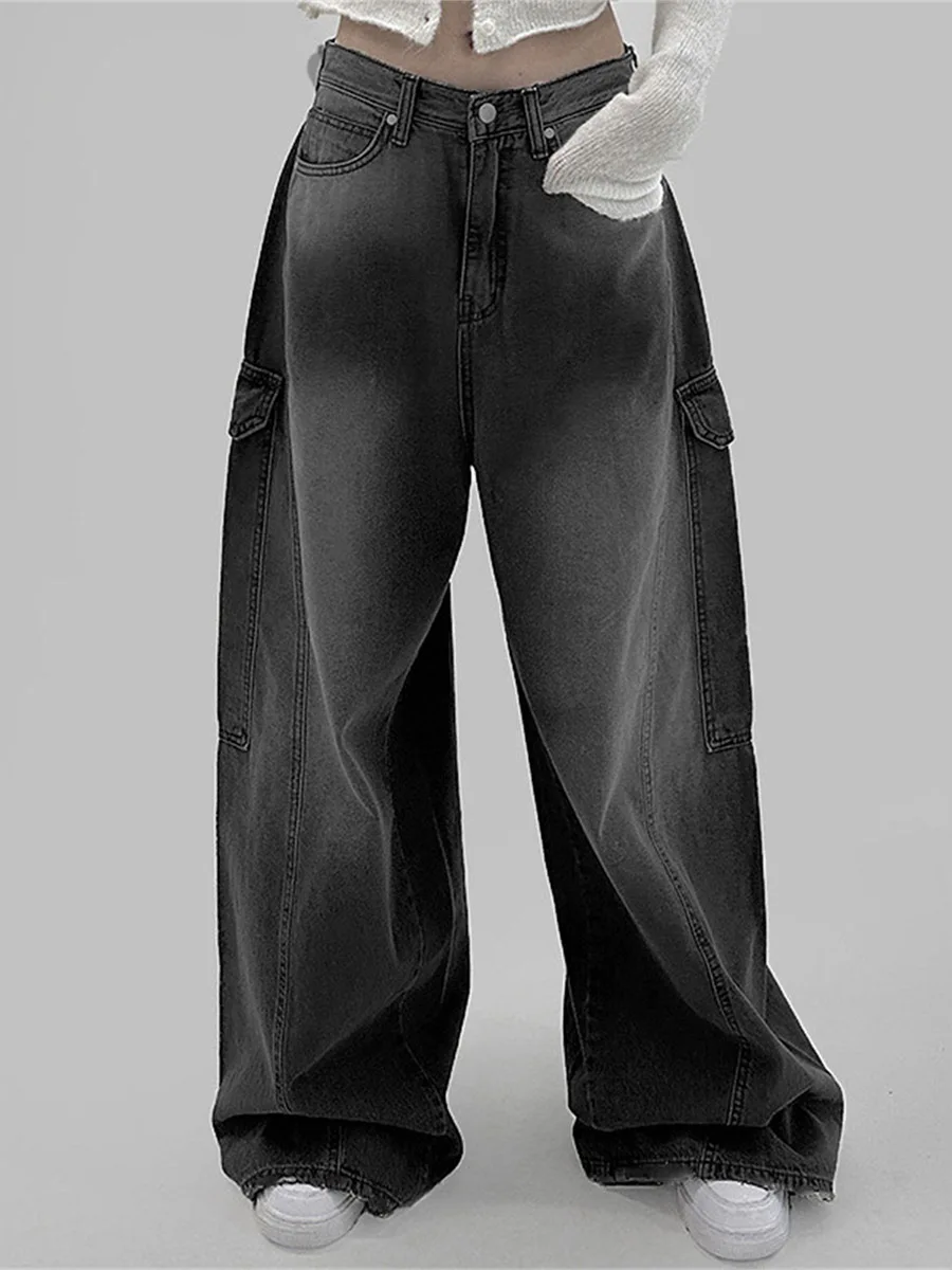 

Women's Fall Black Jeans with Pockets Fashion Loose Fit Casual Wide Leg Black Denim Cargo Pants