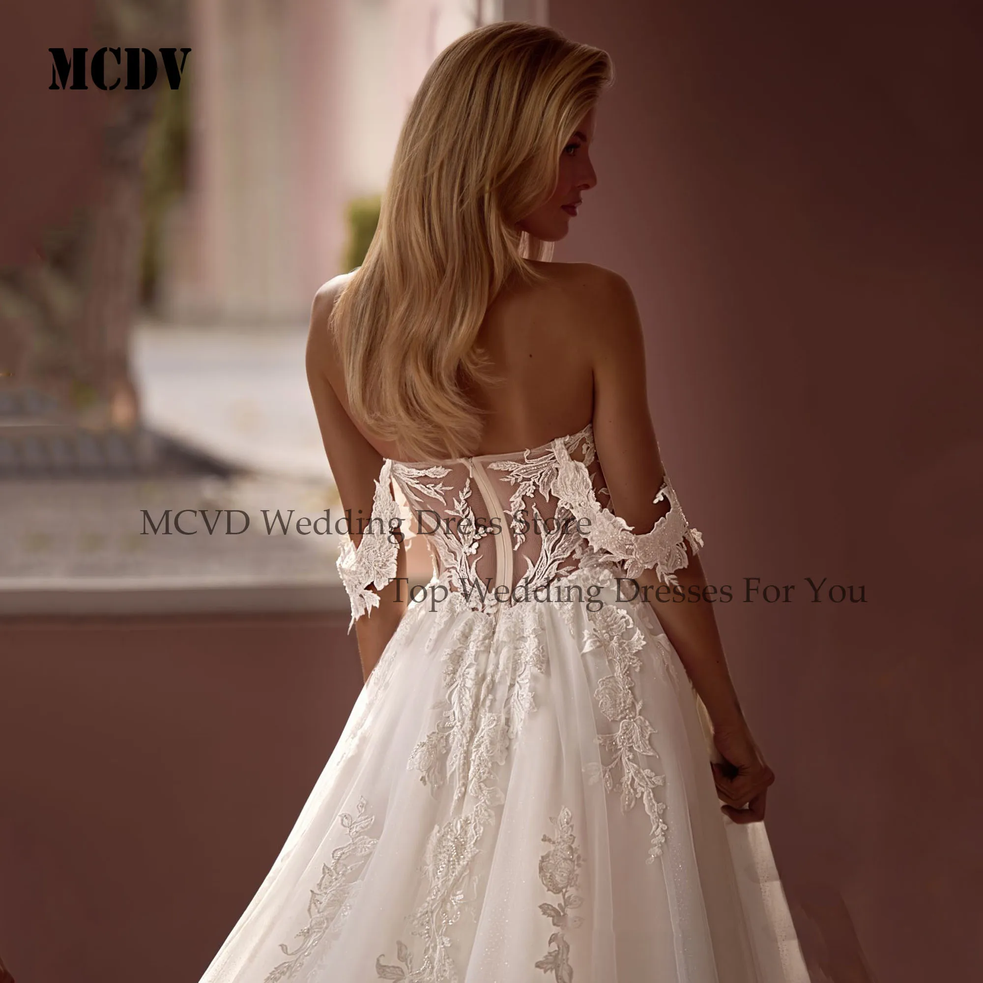 MCDV Off Shoulder Beach Wedding Dress Strapless Split A-Line Tulle Vestidos De Novia Boda Applique Lace Bride Gowns Customized