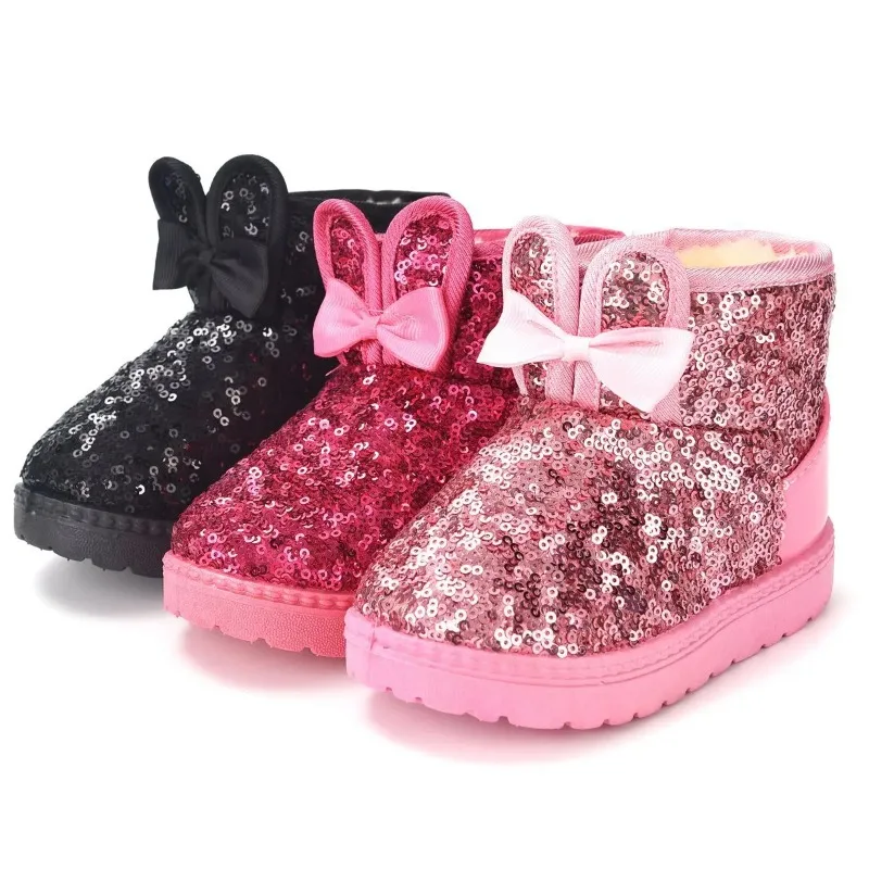 Botas cortas de algodón de lana cómodas para niños, botas de nieve cálidas y gruesas para niñas, zapatos de algodón con lazo de Color sólido con lentejuelas para invierno