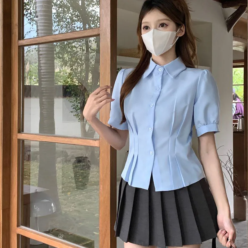 Korean Sweet Slim Jk Shirt Women Fashion Short Sleeve Elegant Blouse Summer Simple Design Female Chic Preppy Style Tops New