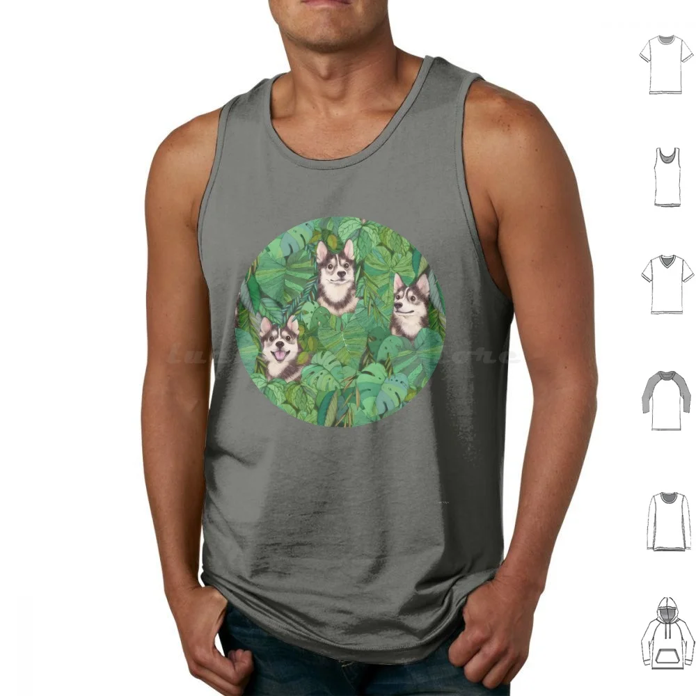 Pomsky Garden Tank Tops estampado algodón perro retrato mascota cachorro Pomsky Pomskies Pomeranian Husky perros hojas jardín