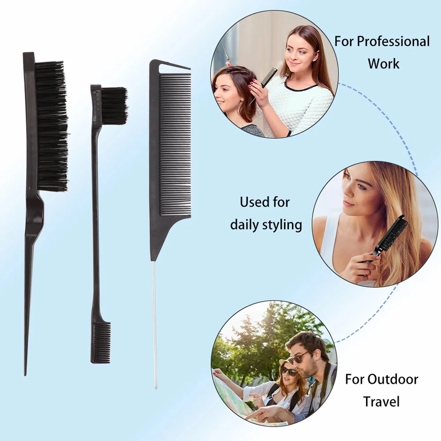 3Pcs Hair Styling Tools Edge Brush Rat Tail Comb Bristle Triple Row Styling Comb For Hair Styling Separating Combing & Coloring