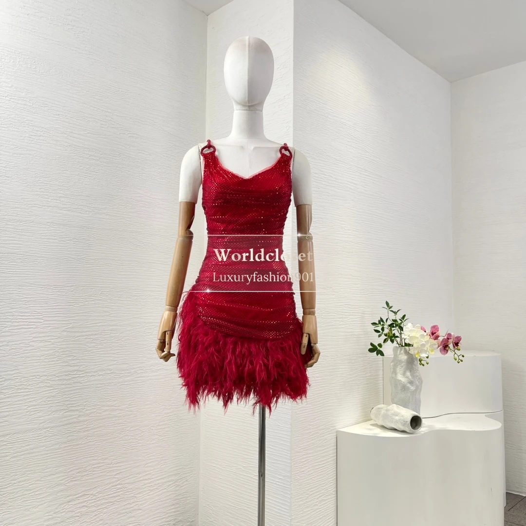 

Woman Clothing Red Sleeveless Sequin Diamonds Feather Mesh Yarn Mini Dress