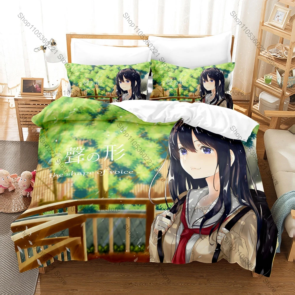 The Shape of Voice A Silent Voice Duvet Cover + 2 Pillowcases Shoya Shoko Anime Polyester Bedding Bedroom Decor