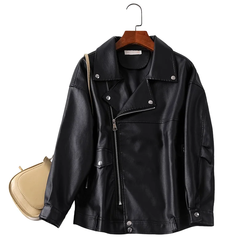 Black PU Leather Motorcycle Jacket for Women, Short Streetwear Coat, Korean, Spring, Autumn, Winter, New, 2024