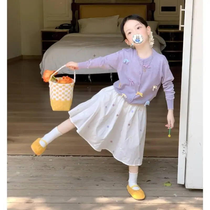 Children's Clothing New Style Girls Knitted Cardigan With Embroidered Skirt Set Spring Fashionable Korean Style Purple Trendy