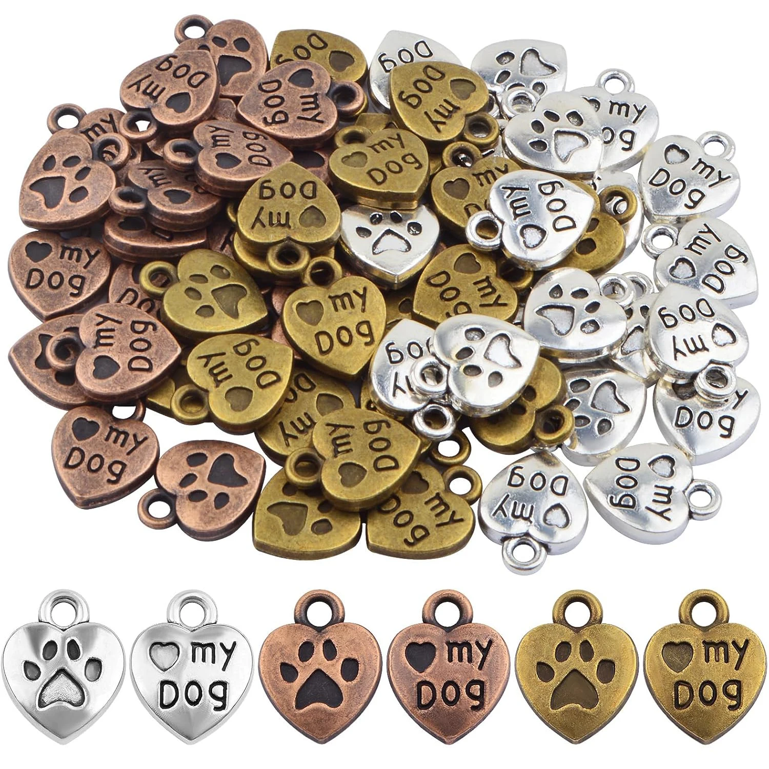 

60pcs Love My Dog Lettering Word Charms Alloy Heart Dog Paw Print Pendants Double-Sided Animal Pet Puppy Footprint Charms