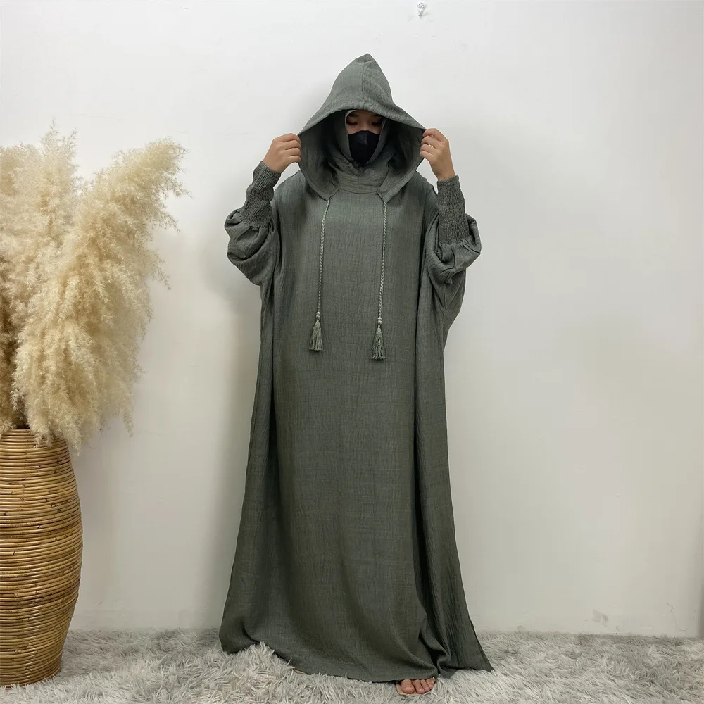 Hot Seller Ramadan Islamic Clothing Wrinkle Polyester Hoodie Abaya Dress with Undercap Muslim Women Abaya Hoodie Causal Dresses