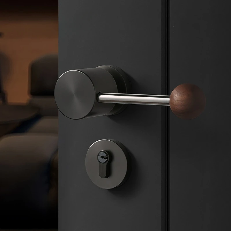 Indoor bedroom door lock, magnetic suction, silent wooden door handle, modern room, split star walnut wooden door lock