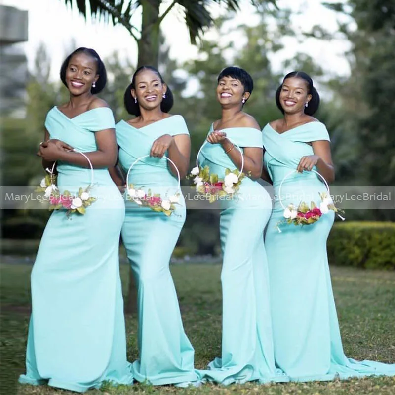 Off the Shoulder Aqua Bridesmaid Dresses For Black Women Cross Strap Mermaid Long Stretch Satin Formal Wedding Guest Party Gowns