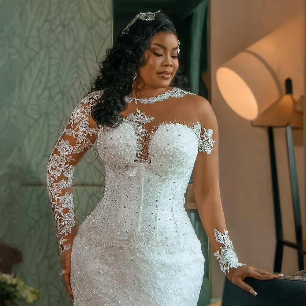 Robe de Mariée Sirène Arabe Sexy à Manches sulf, Tenue avec Col Bijou, Book ine Dentelle, Appliques de Perles de Clip, Surjupes, Patients Formels, Peu importe, 2024