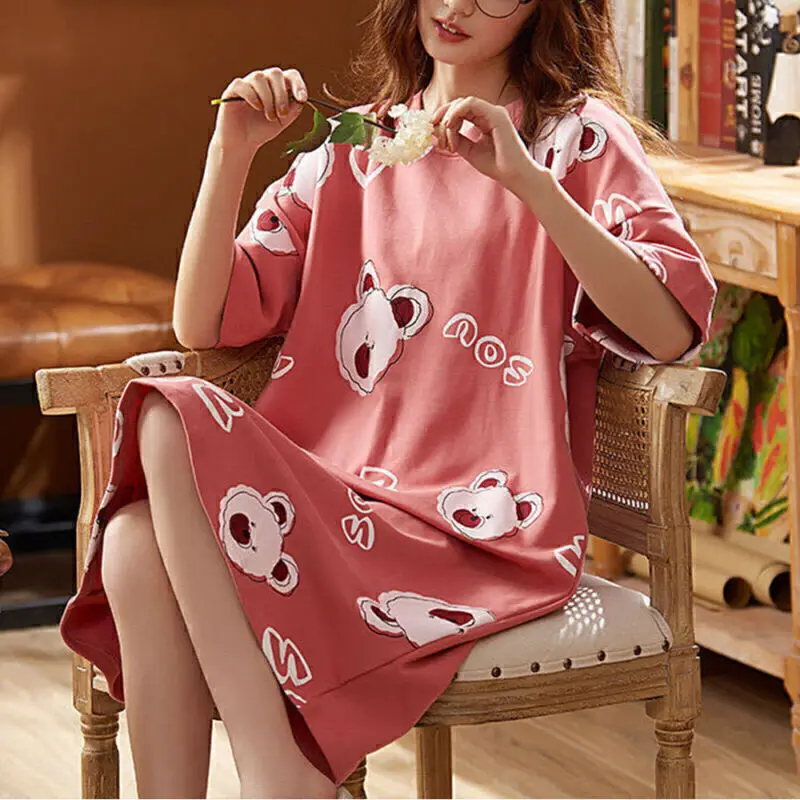 New Nightdress For Women Summer Sleep Shirts Girls Short Sleeve Cute Sweet Cartoon Loose Home Wear