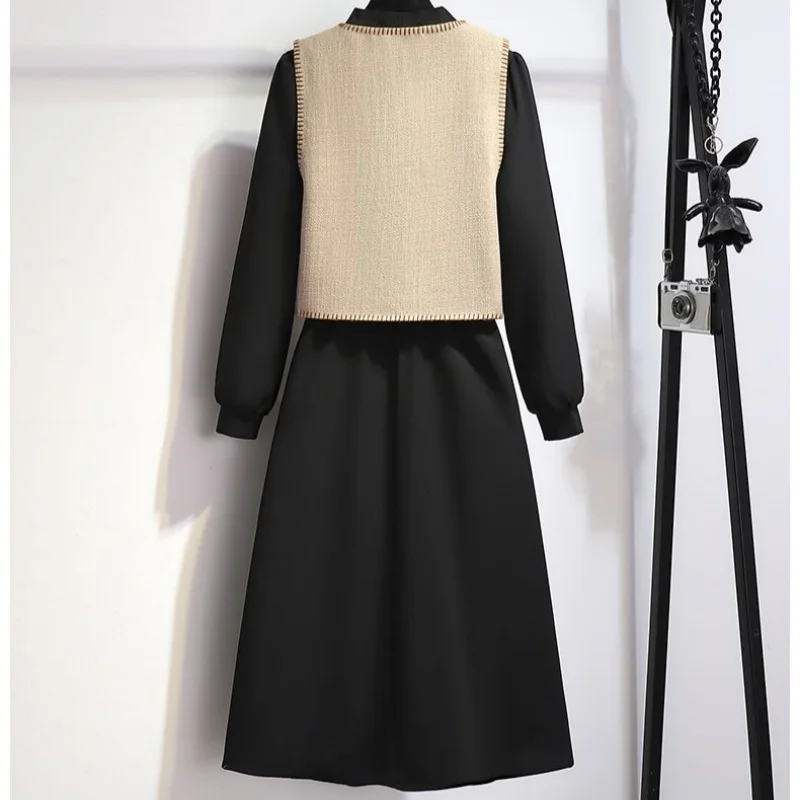 2024 New Vest Paired with Dress Two-piece Set Autumn Feminine Temperament Autumn Outfit Paired with Two-piece Dress Set