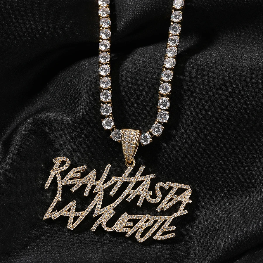 Signature Real Hasta La Muerte Pendant Necklace Two Row Letters Hip Hop Iced Out 5A CZ Capital Initial Anuel AA\'s Iconic Style