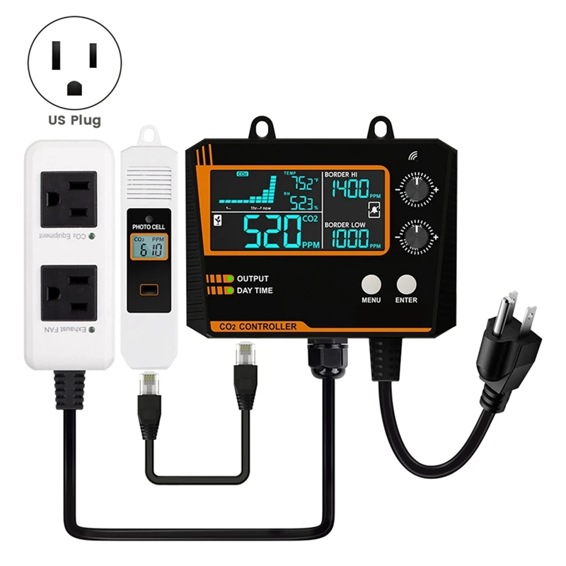 Контроллер углекислого газа, двухканальный разделенный зонд, монитор CO2, редуктор давления CO2, клапан для теплицы, вилка стандарта США