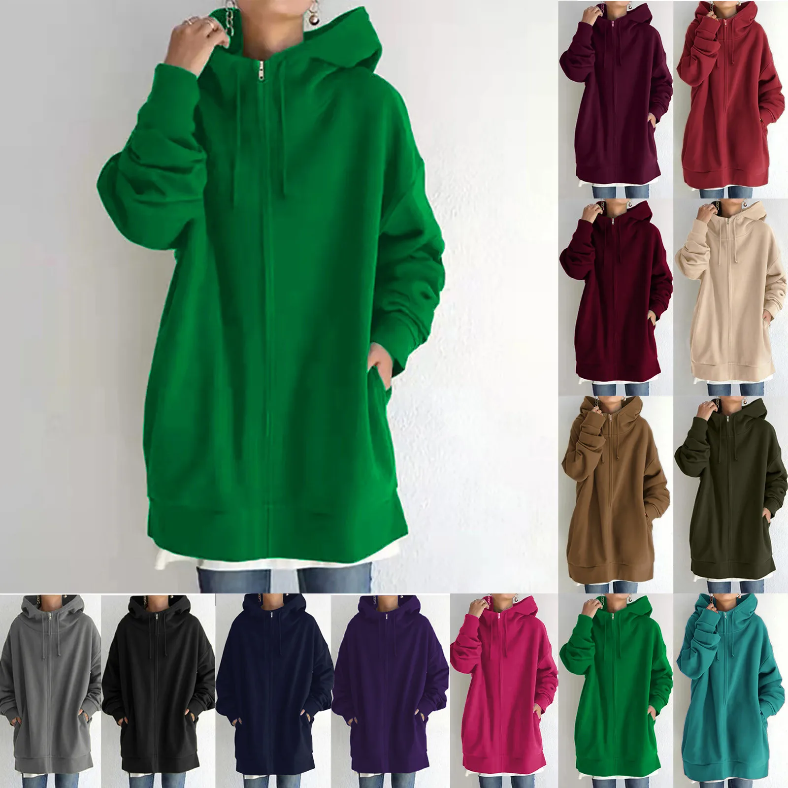 Oversize Women Sweatshirts Hoodies Winter Zipper Long Pocket Jackets Coat Hoody Ladies Hooded Streetwear Harajuku Fleece Outwear