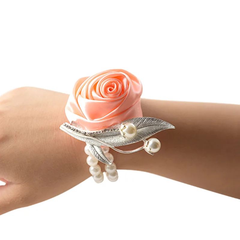 Champagne Pols Corsage Bruidsmeisje Rose Satin Bruidsmeisje Parel Bruiloft Accessoires Voor Bruid