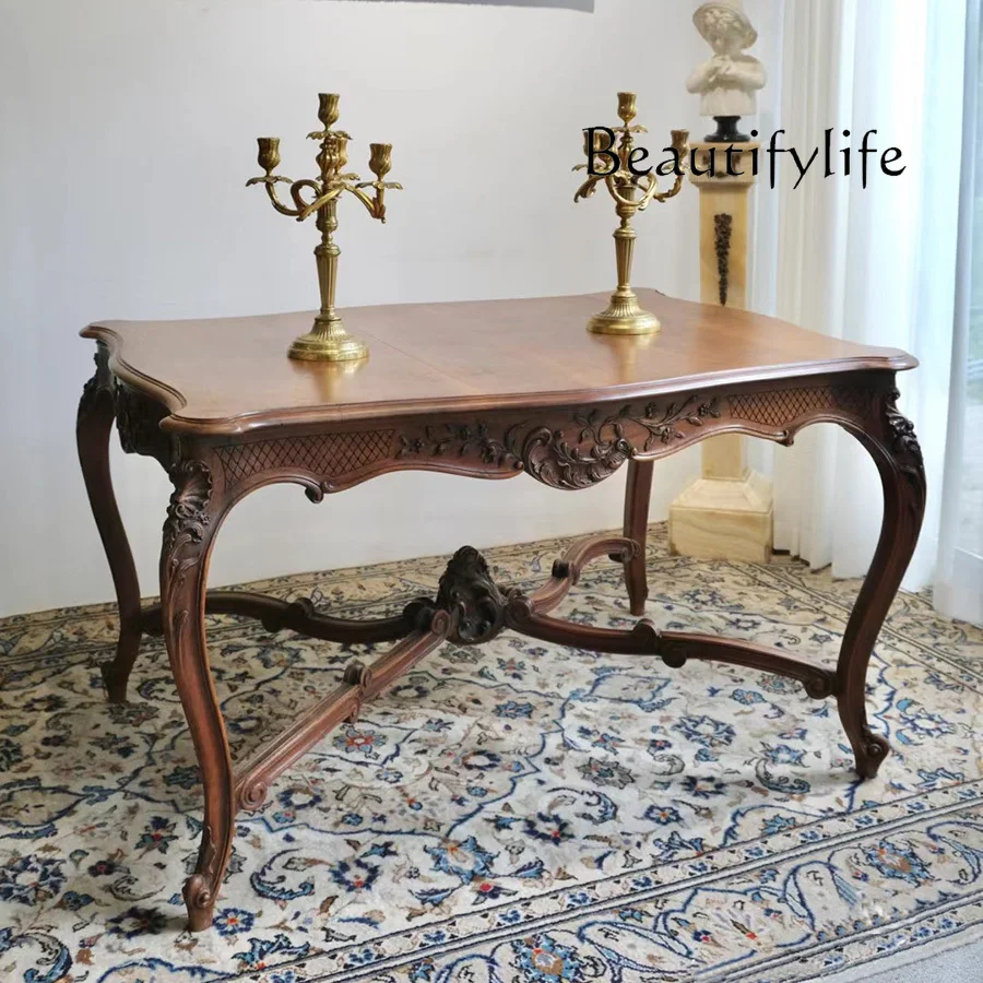 

European retro solid wood carving old log long dining table French neoclassical carving desk high-end